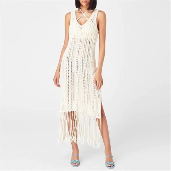 Jonathan Simkhai Ivory Kamilah Crochet Fringe Tank Midi Dress Small NWOT - Picture 3 of 13